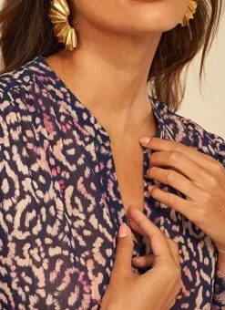 Blouse A Imprime Col Tunisien Marine Touza Sud Express