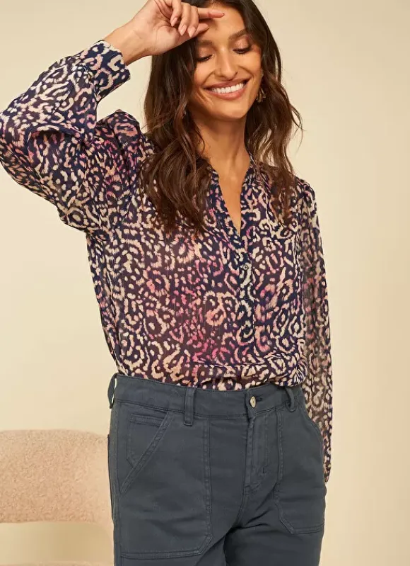 Blouse A Imprime Col Tunisien Marine Touza Sud Express