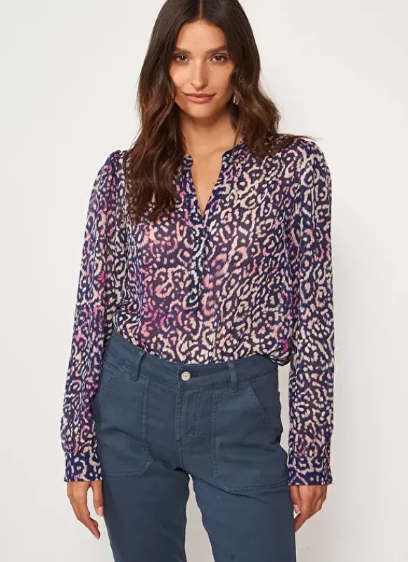 Blouse A Imprime Col Tunisien Marine Touza Sud Express