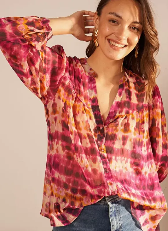 Chemise Imprime A Col Tunisien Et Manche... Framboise Calanque Sud Express