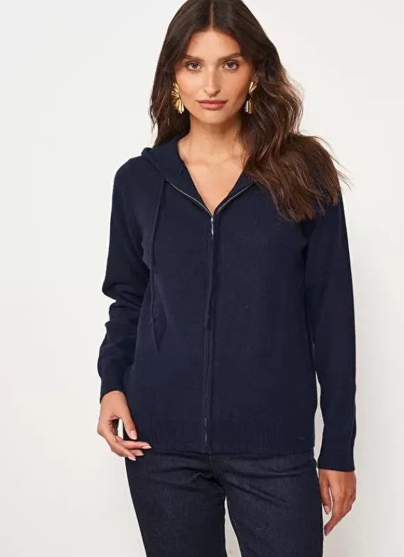 Gilet A Capuche Zippe 100% Cachemire Marine Garenk Sud Express