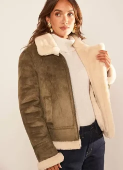 Manteau En Fausse Peau Lainee Kaki Malvino Sud Express