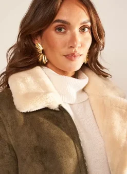 Manteau En Fausse Peau Lainee Kaki Malvino Sud Express