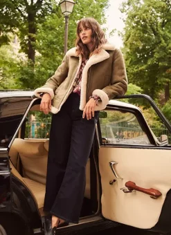 Manteau En Fausse Peau Lainee Kaki Malvino Sud Express