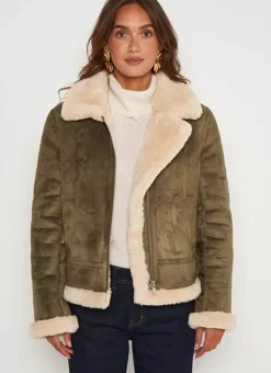 Manteau En Fausse Peau Lainee Kaki Malvino Sud Express