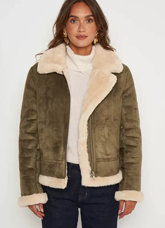 Manteau En Fausse Peau Lainee Kaki Malvino Sud Express