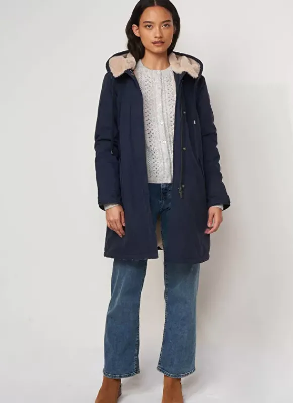 Parka Mi-Longue A Capuche Bleu Velane Sud Express