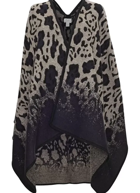 Poncho En Maille Imprime Leopard Bleu Emiliana Sud Express