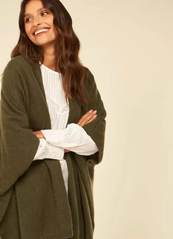 Poncho Long Et Ouvert Pur Cachemire Kaki Gwenaelle Sud Express