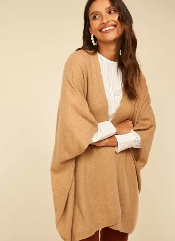 Poncho Long Et Ouvert Pur Cachemire Camel Gwenaelle Sud Express