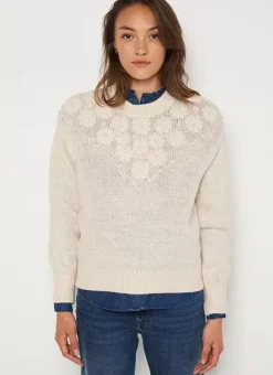 Pull Col Rond A Broderies Florales Ecru Marguerite Sud Express