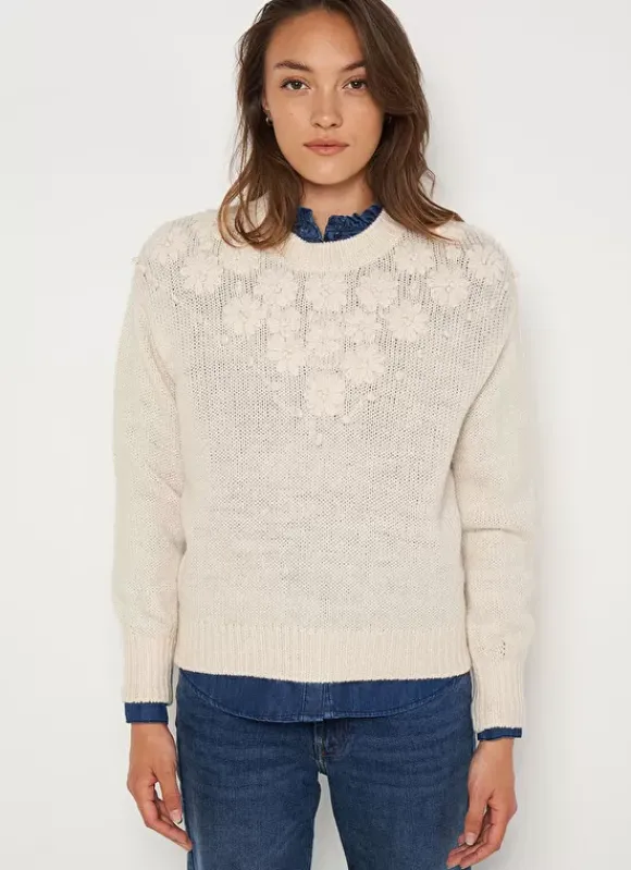 Pull Col Rond A Broderies Florales Ecru Marguerite Sud Express