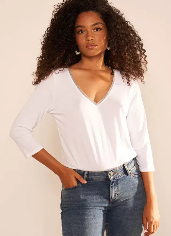 Tee-Shirt Col V Et Manches 3/4 Blanc Tonyla Sud Express