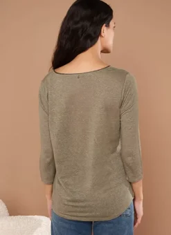 T-Shirt En Lin A Manches 3/4 Et Col V Kaki Tomeoh Sud Express
