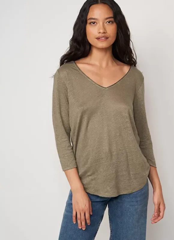 T-Shirt En Lin A Manches 3/4 Et Col V Kaki Tomeoh Sud Express