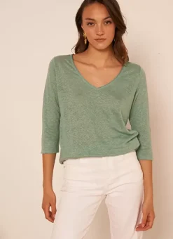 T-Shirt En Lin A Manches 3/4 Et Col V Amande Tomeoh Sud Express