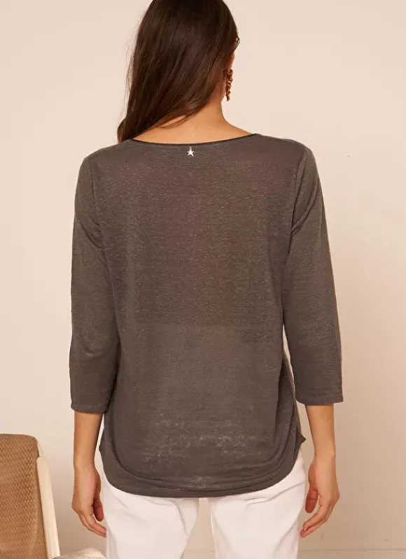 T-Shirt En Lin A Manches 3/4 Et Col V Plomb Tomeoh Sud Express