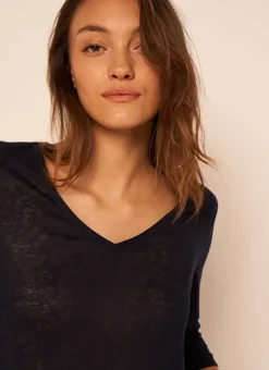 T-Shirt En Lin A Manches 3/4 Et Col V Marine Tomeoh Sud Express