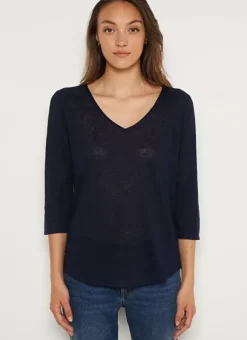 T-Shirt En Lin A Manches 3/4 Et Col V Marine Tomeoh Sud Express