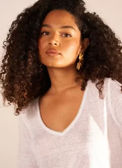 T-Shirt En Lin A Manches 3/4 Et Col V Blanc Tomeoh Sud Express