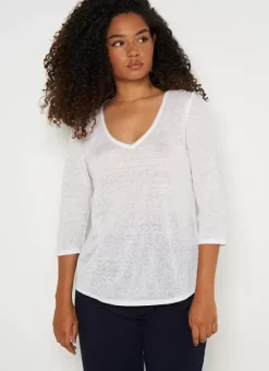 T-Shirt En Lin A Manches 3/4 Et Col V Blanc Tomeoh Sud Express